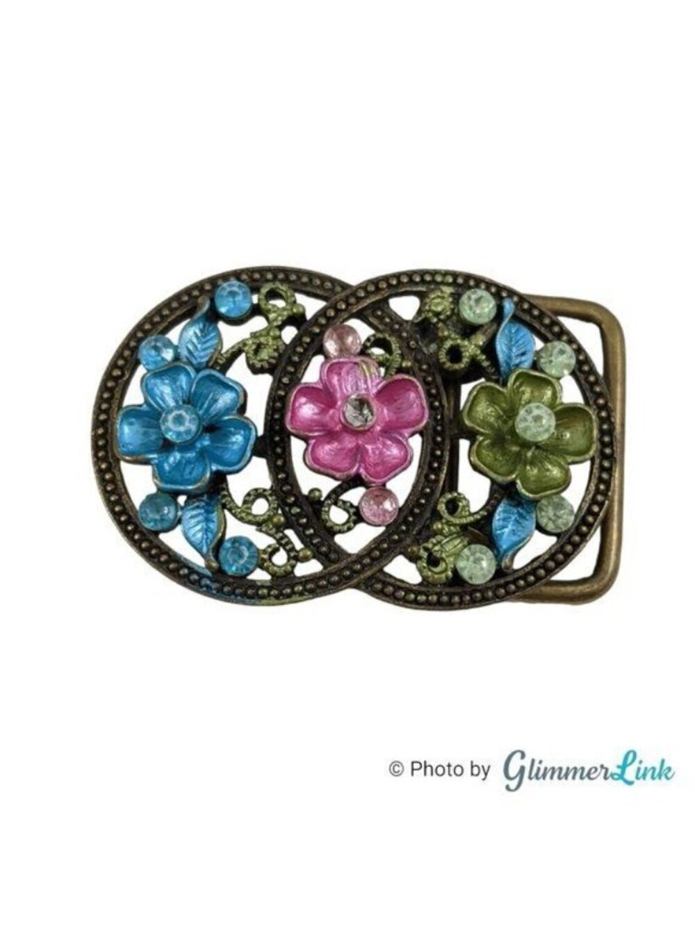 Floral Double Circle Pastel Rhinestone Enamel Brass Tone Belt Buckle